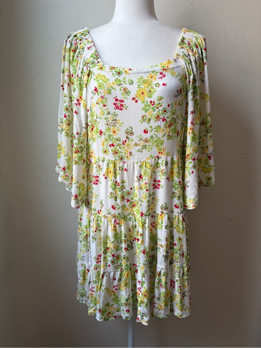 Cactus + Pearl White Floral Babydoll Mini Dress Bell Sleeve Medium